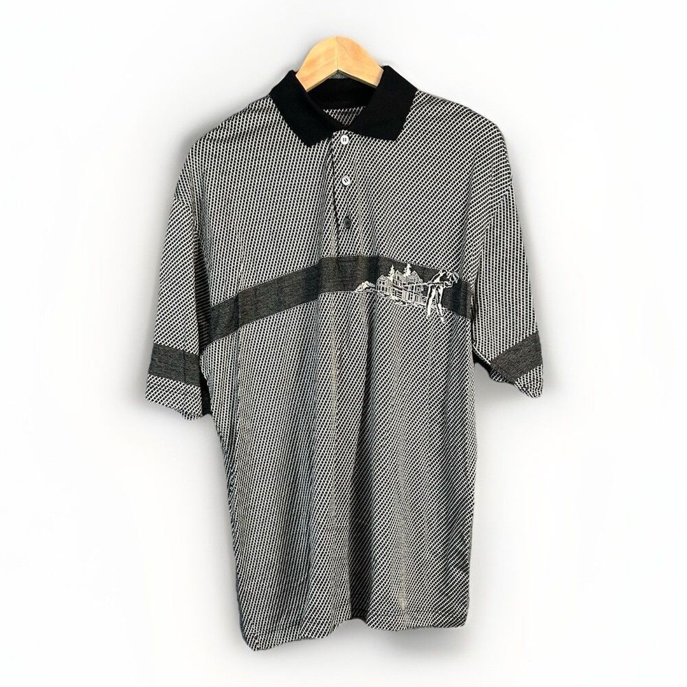 Vintage In Fiamme Polo Shirt Men’s Large Black White Pattern Golf Italy Cotton